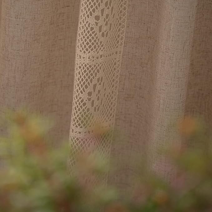 ENJOYBRIDAL Beige Curtains Crochet Lace Patchwork Drapes Curtains 84 Inch Length 2 Panels Tassel Rod Pocket Semi-Sheer Boho Bedroom Living Room Farmhouse Rustic Window Curtain Panels