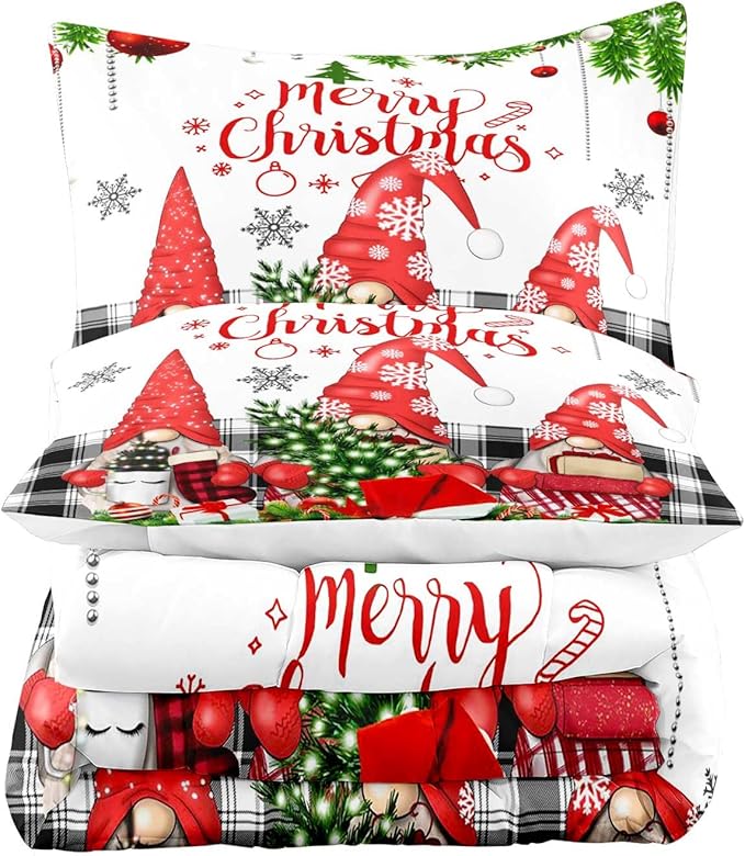 LUVIVIHOME 2PCS Christmas Comforter Set Twin Size, Funny Cute Gnome Bedding, Black & White Plaid Snowflake Xmas Merry Christmas Bedroom Decor for Kids Girls Boys Teens White Quilt, 1 Pillow Case