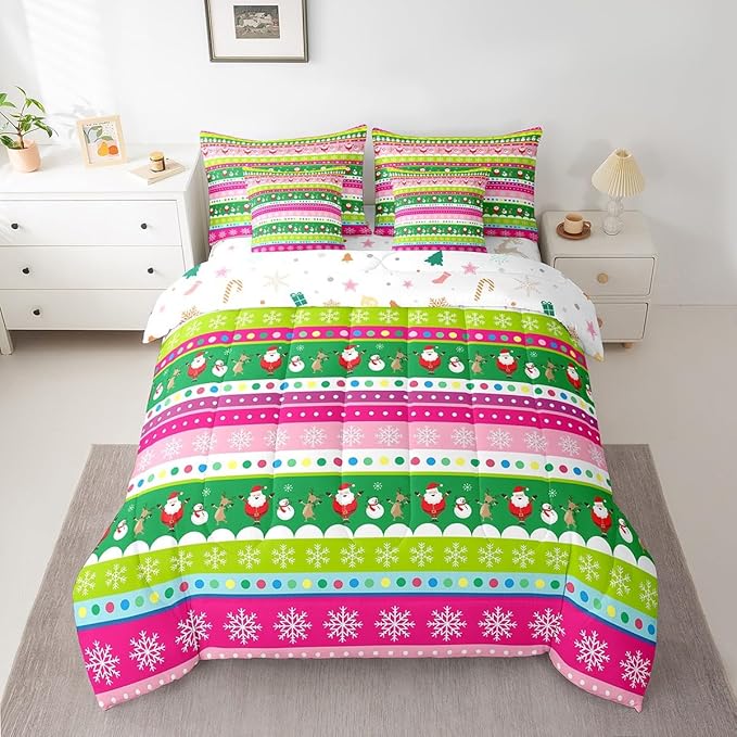 Feelyou Christmas Bed Set Snowman Christmas Reindeer Print Comforter Set with Sheets Xmas Santa Claus Bed in a Bag for Kids Girls New Year Theme Bedding Set Bedding King Size