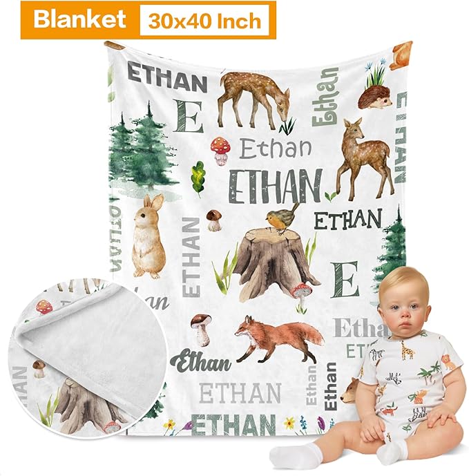 Custom Crib Bedding Set - Woodland Animals Design Personalized Name Baby Nursery Bedding 3 Pcs Set - Chic Soft Blanket, Sheet, Pillowcase for Newborns Boys Girls Gifts Color21
