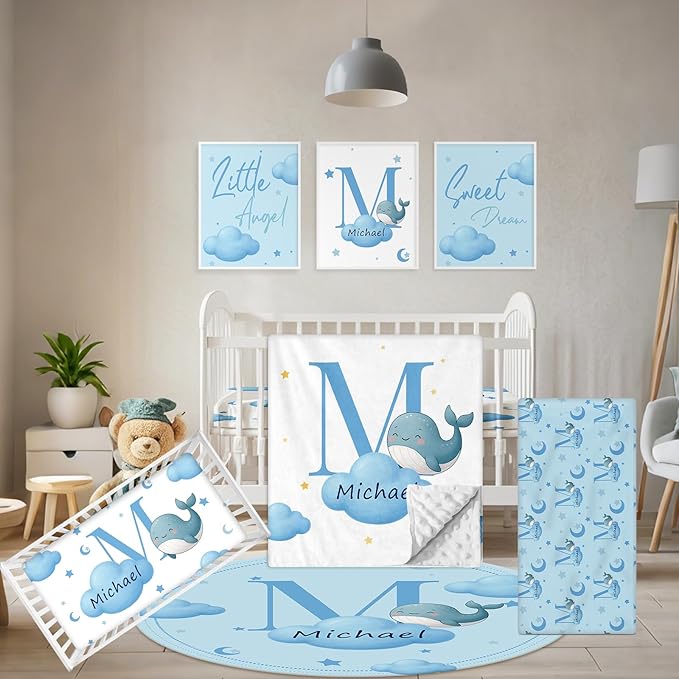 Personalized Crib Bedding Set, 5 Pcs Custom Nursery Bedding Sets with Name, Infant Bedding Set for Baby Boys Girls, Blue Dolphin Double Layer Baby Crib Set, Babies Toddlers Kids Customized Gift