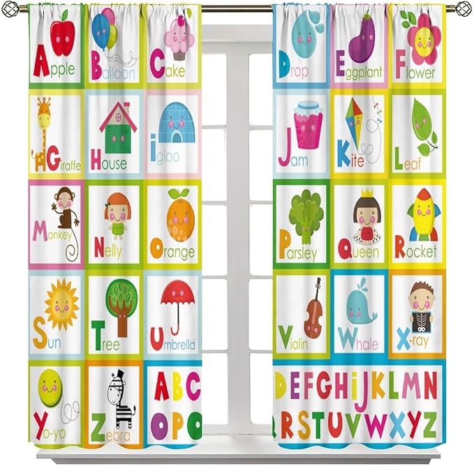 Kids Alphabet Curtains Cute Cartoon Education Learning Funny Teaching Words Curtain with Rod Pocket for Bedroom Nursery Home Decor Drapes Window Treatments 2 Panels Set 55" W X 63" L