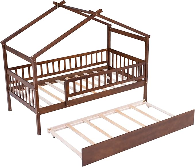 Harper & Bright Designs Twin House Bed with Trundle, Kids Twin Platform Frame Rails and Roof, Tent Bed, Wood Playhouse Twin Montessori for Teens Girls & Boys, No Box Spring Needed (Walnut)