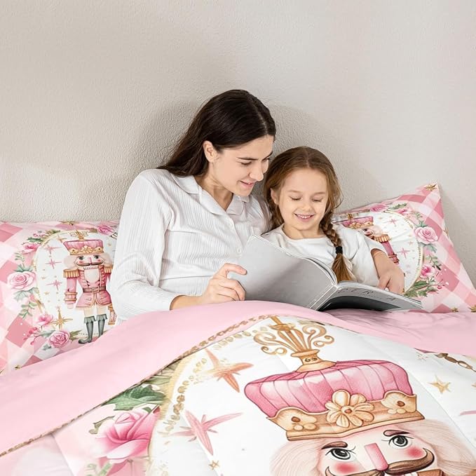 Feelyou Christmas Comforter Set Twin Size Pink Nutcrackers Bedding Set for Kids Boys Girls Floral Duvet Quilt Funny Nutcracker Bedroom Decor Rose Microfiber 2 Pcs with 1 Pillow Cases