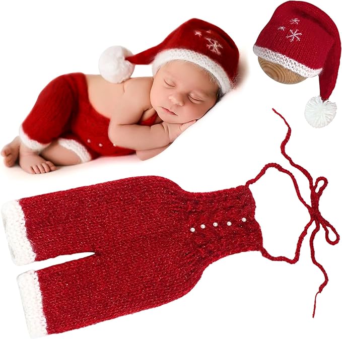 M&G House Christmas Newborn Photography Props Crochet Santa Claus Red Romper Hat Baby Photo Outfits Handmade Knitted Newborn Costume Photoshoot Props Christmas Gift