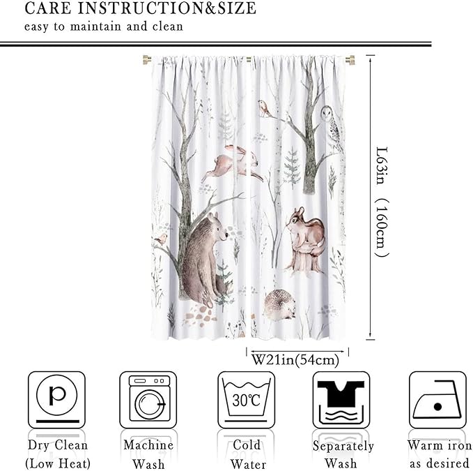 Watercolor Woodland Animal Curtains, Wildlife Bear Farmhouse Lodge Cabin Squirrel Owl Hedgehog Fox Blackout Rod Pocket Windows Door Curtain for Bedroom Living Room Home Decor 42x63in