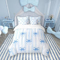 7 Pieces Blue Bowknot Kids Comforter King Size,Geometric Stripes Bow Tie Patchwork Dreamy Bedding Set,Butterfly Knot Princess Cute Chic（Comforter+Fitted+Flat+2 Pillowcases+2 Throw Pillow Covers）