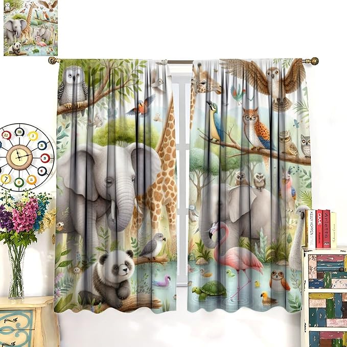 Kids Animals Curtain Cartoon Western Wildlife Flamingo Elephant Giraffe Window Treatment for Baby Children Bedroom Living Room 55" W X 63" L