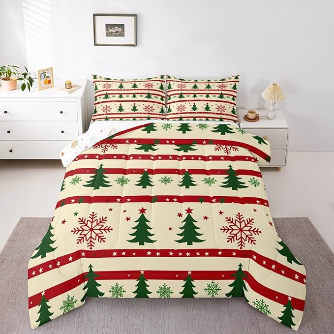 Feelyou Christmas Bedding Set Soft for Boys Girls, Xmas Tree Comforter Set King Size Snowflake Star Duvet Quilt Microfiber New Year Theme Bedroom Decor 3 Pcs with 2 Pillow Cases