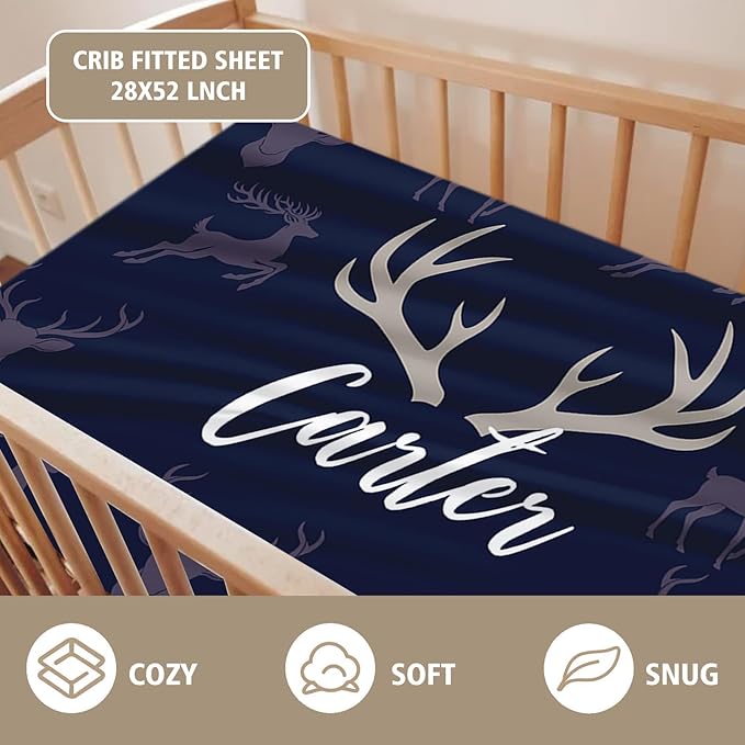Custom Name Crib Bedding Set 3-Piece – Navy Deer Design Baby Bedding Set with Personalized Soft Blanket, Fitted Sheet, Changing Pad Cover – Ideal Newborn Gift for Boys and Girls