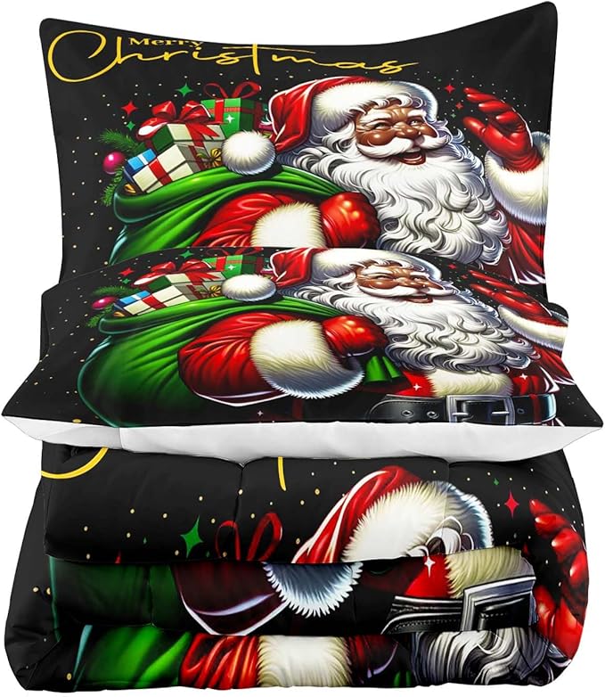 LUVIVIHOME Christmas Bedding, African American Black Santa Claus Comforter Set King Size, Winter Xmas Funny Merry Christmas Bedroom Decor for Kids Boys Girls Teens, Xmas Gifts, 2 Pillow Shams