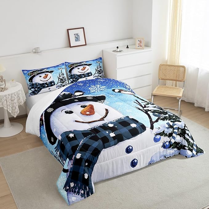 Feelyou Kids Christmas Theme Decorations Bedding Set Xmas Snowman Comforter Set for Boys Girls Snowflake Kawaii Cute Gradient Blue Bedroom Collection King Size