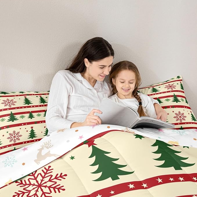 Feelyou Christmas Bedding Set Soft for Boys Girls, Xmas Tree Comforter Set Twin Size Snowflake Star Duvet Quilt Microfiber New Year Theme Bedroom Decor 2 Pcs with 1 Pillow Cases