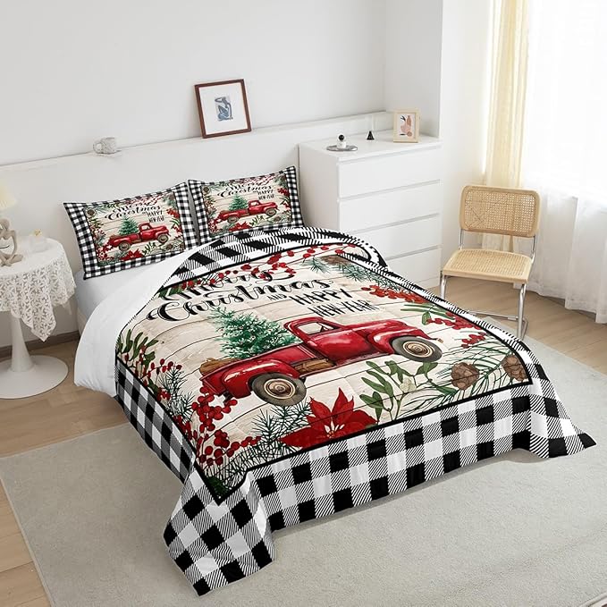 Manfei Red Truck Comforter Set Full Size, Christmas Theme New Year Quilt Set with 2 Pillowcases, Grey Plaid Print Bedding Set 3pcs for Kids Boys Girls Bedroom Decor