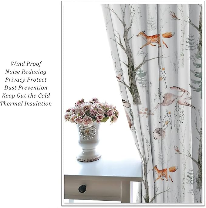 Rustic Forest Window Curtains, Watercolor Woodland Animals Owl Hedgehog Fox Butterfly Forest Squirrel and Bear Blackout Windows Door Curtain for Bedroom Living Room Home Decor 55x63in