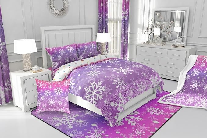 Feelyou Christmas Comforter Set All Season Pink Purple Bedding Set with 2 Pillow Cases Winter Snowflake Microfiber Kids King Bedclothes New Year Holiday Bedroom Decor Duvet Quilt Soft Lightweight