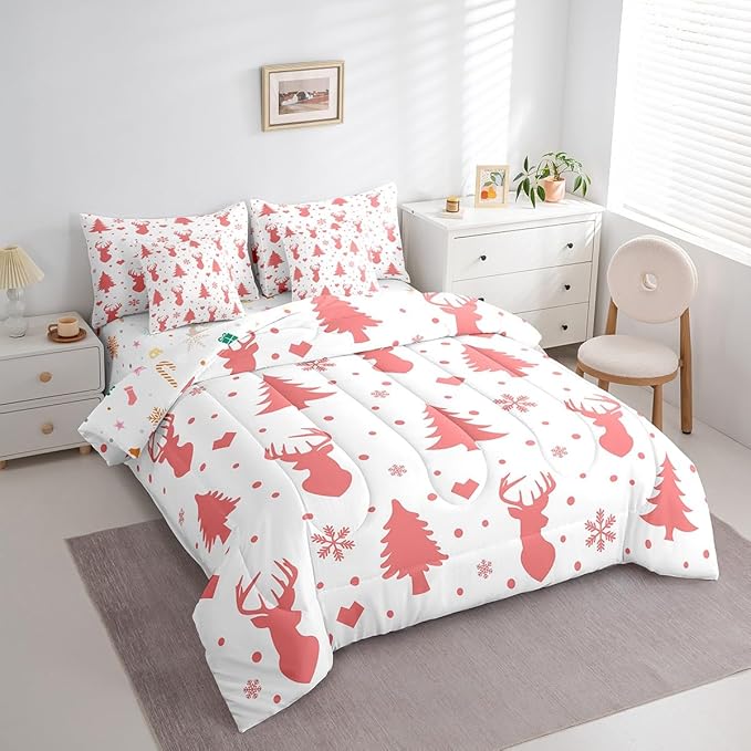Merry Christmas Bed in a Bag for Boys Girls Deer Silhouette Antler Cute Wildlife Bed Set Xmas Tree Snowflake Comforter Set with Sheets Pink Bedding Set Bedroom Collection Full Size