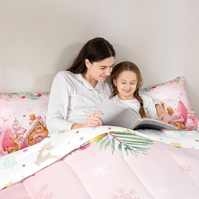 jejeloiu Kids Christmas Theme Comforter Set Queen Size Cute Deer Gingerbread Man Bedding Set for Boys Girls Teens Pink Xmas Tree Candy House Winter Snowflake Duvet Quilt Room Decor
