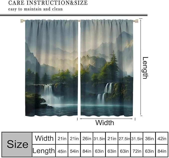 Landscape Theme Waterfall Blackout Curtains, Waterfall Mountains Jungle Printed Natural Scenery Window Drapes, for Bedroom Living Room 52" W X 84" L