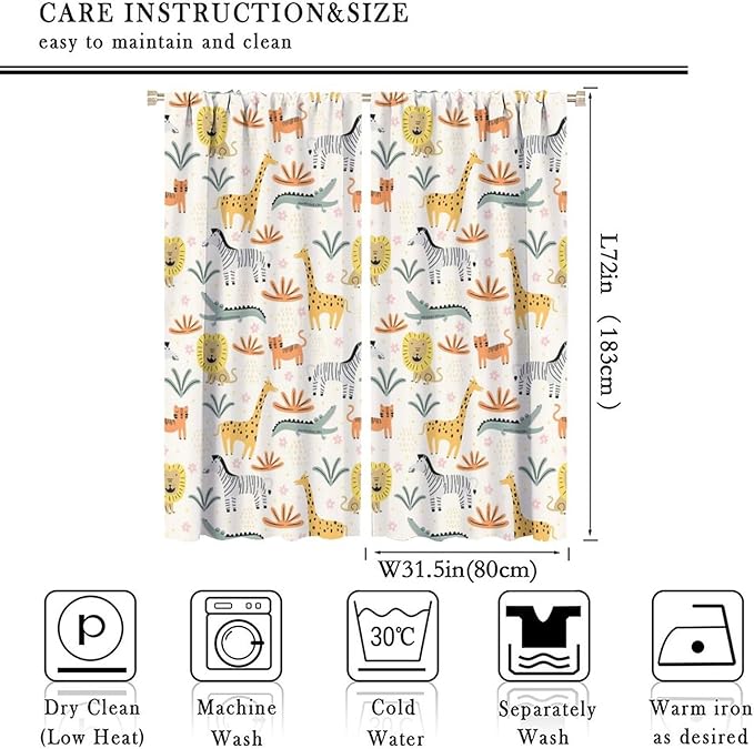 Wild Animals Curtains, Cute Cartoon Animals Zoo with Lion Zebra Crocodile Cat and Giraffe Tropical Jungle Plant Print Window Treatments for Kids Boys Girls Bedroom Living Room 63x72in