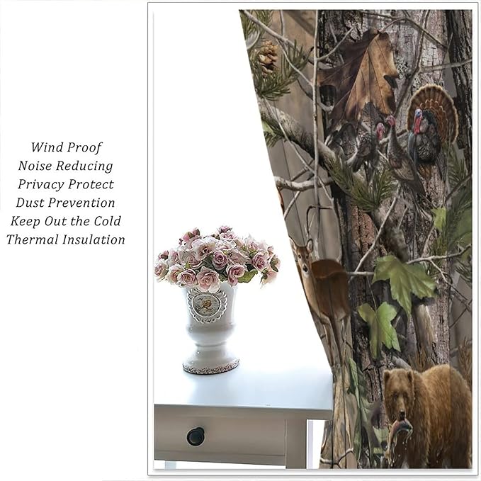 Retro Forest Window Curtains, Camouflage Hunting Tree Camo Rustic Deer Elk Bird Bear Blackout Rod Pocket Windows Door Curtain for Bedroom Living Room Home Decor 72x63in