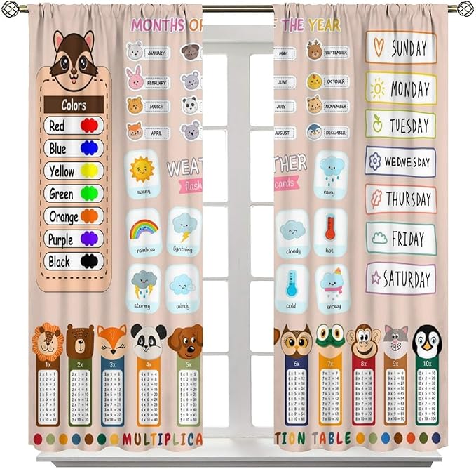 Funny Kids Educational Alphabet Curtain Cartoon Colorful Weather Multiplication Table Printed Rod Pocket Blackout Window Treatments for Bedroom Living Room 52" W X 84" L