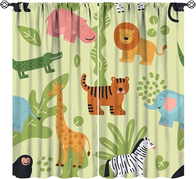 Cartoon Animals Blackout Curtains Colorful Cute Forest Safari Animals Green Kids Bedroom Nursery Living Room Decor Rod Pocket 2 Panels 63x63in