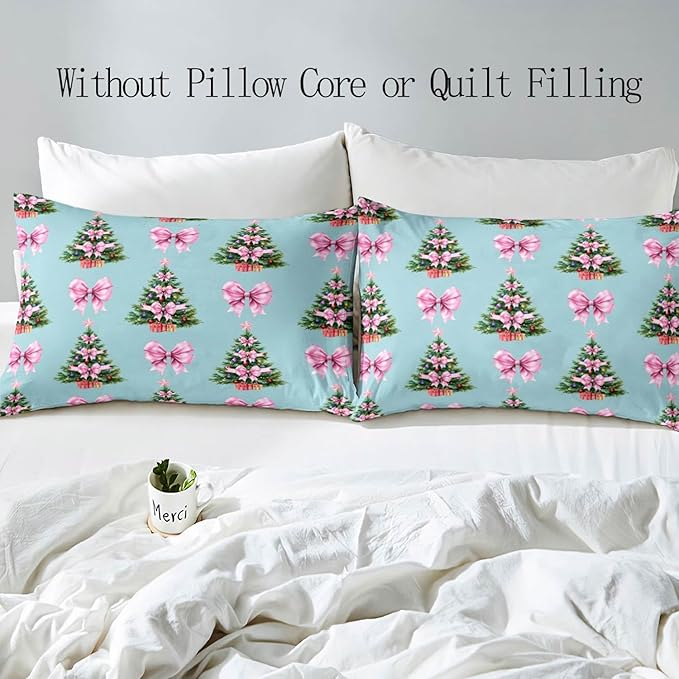 LUVIVIHOME 3PCS Pink Bow Christmas Tree Duvet Cover Full Bedding Set, Teen Girl Bedding, Blue Duvet Cover, Winter Holiday Kids Christmas Comforter Cover, Coquette Room Decor Aesthetic, 2 Pillow Cases