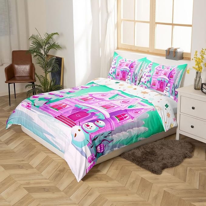 Feelyou Merry Christmas Comforter Cover Set Christmas Tree Snowman Duvet Cover Set for Kids Boys Girls Bedroom Bed Decor Xmas Christmas Purple Bedding Set Toddler Size Soft Quilt Cover,No Comforter