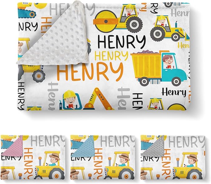 Personalized Baby Blankets for Boys, Custom Name Blanket Birthday Gift for Kid, Soft Flannel Blanket with Dotted Backing for Infants Toddlers, Customized Gifts, Yellow Truck(30”x40)