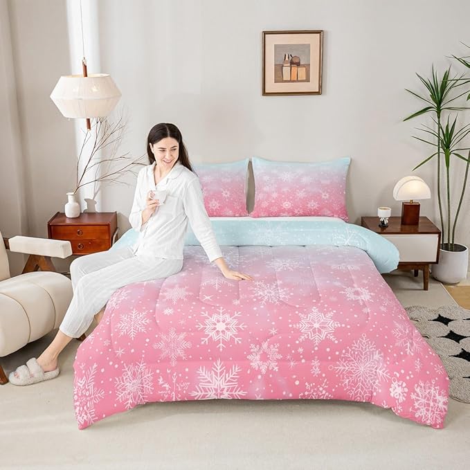 Feelyou Christmas Comforter Set Twin Size Winter Snowflake Bedding Set for Kids Boys Girls Blue Pink Gradient Duvet Quilt Bedroom Decor Microfiber 2 Pcs with 1 Pillow Cases