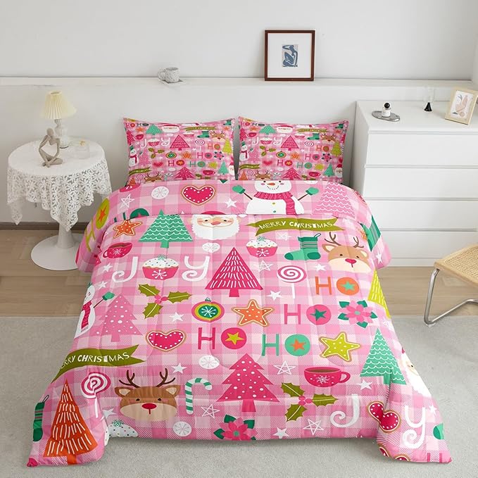 Merry Christmas Kids Comforter Set Twin Size,Cartoon Santa Claus Snowman Deer Xmas Bedding Set,Boys Girls Adults Room Decor,Geometric Grids Down Comforter,Pink Romantic Duvet Insert,1 Pillowcase