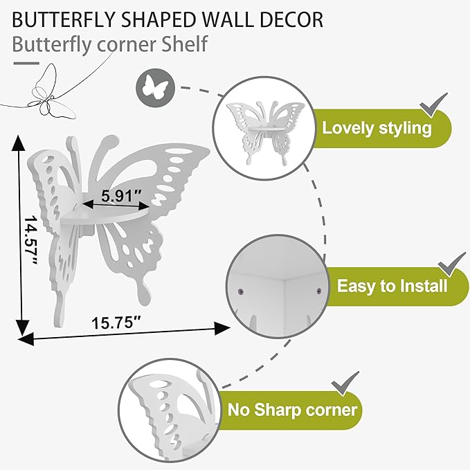 2-Tier Butterfly Corner Shelf - Nursery Wall Deor Floating Corner Shelf for Kid’s Room, Small Cute Decorative Shelf Wall Mounted, White Hanging Hollow Out Shelf for Toys, Plants and Storage