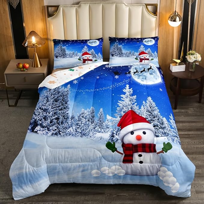 Feelyou Christmas Comforter Set Reindeer Snowman Snowflake Reversible King Size Decorations Bedding Set for Kids Boys Girls Xmas Winter Decor Comforter Dreamy Blue Quilt Room 3Pcs