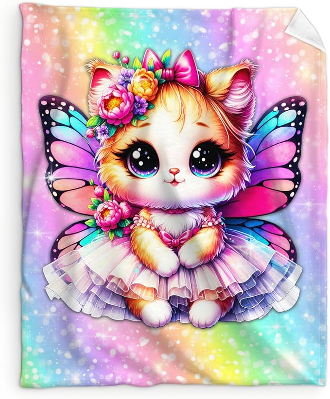 Girls Blanket, Cat Throw Blankets for Kids Teens Cat Lovers 50x60 Inches Lightweight Soft Cute Rainbow Print Throw for Sofa Couch Living Room Bed