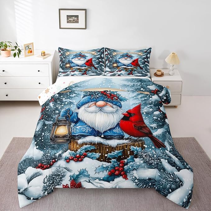 Kawaii Santa Claus Comforter Set Full Size,Poinsettia Cardinal Christmas Birds Kids Bedding Set,Holly Berries Winter Snowflake Quilt Comforter,Blue Red Duvet Insert,2 Pillowcases