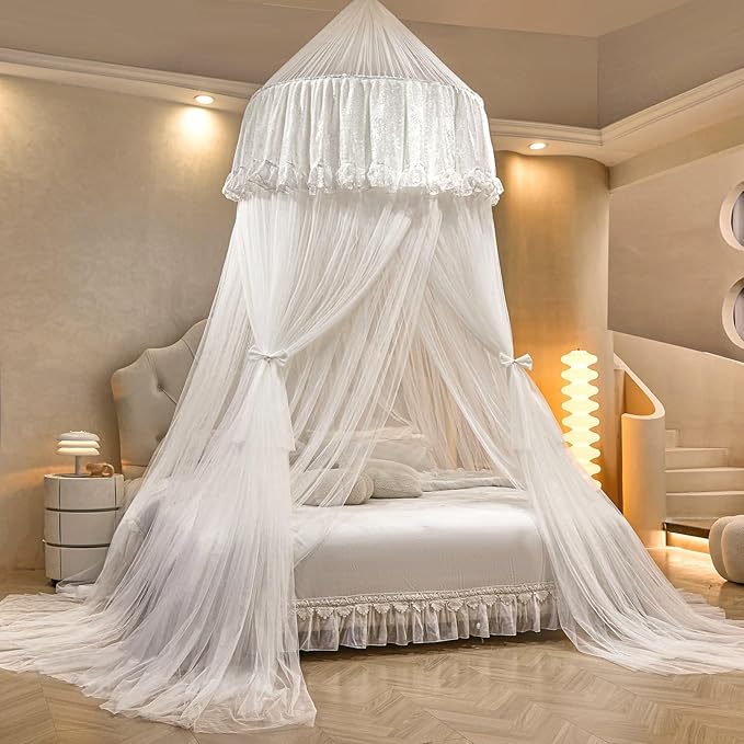 AIKASY Princess Bed Canopy for Girls – Double Layer Sheer Mesh Dome with Romantic Lace Trim, Dreamy Mosquito Net Tent for Twin/Full/Queen/King Beds(White)
