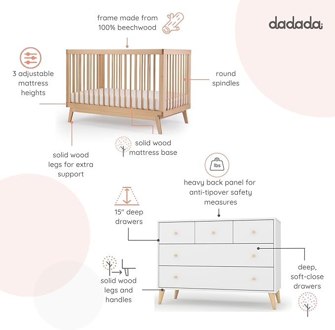 dadada Baby Harmony Set, Nursery Furniture Set. Baby Crib and Dresser Combo. Soho 3 in 1 Convertible Crib and Austin 5 Drawer Nursery Dresser. Natural Beechwood