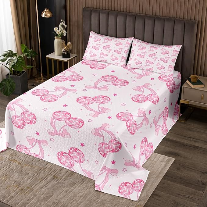 Bowknot Princess Kids Bedspread Twin Size,Disco Crystal Ball Western Cowgirl Coverlet Set,Girls Women Room Decor,Starry Sky Bow Tie Romantic Quilted Coverlet,Pink Girly Bedding Quilt,1 Pillowcase