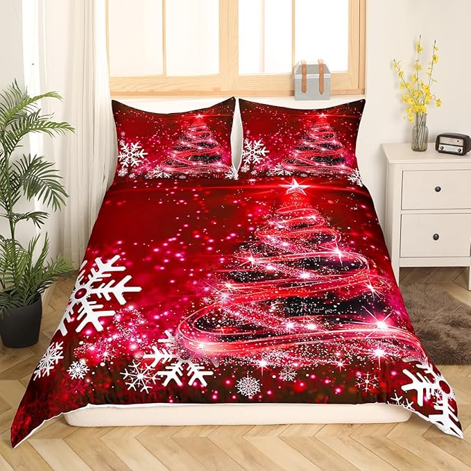 Manfei Red Xmas Tree Duvet Cover Set King Size, White Snowflake Print Bedding Set 3pcs for Kids Boys Girls Bedroom Decor, Christmas Theme Comforter Cover with 2 Pillowcases,No Comforter