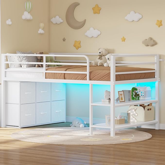 BTHFST Low Loft Bed Twin Size with 6 Storage Drawers, LED Lights, 2 Tier Storage Shelves, Kids Metal Loft Bed with 15" H Stairs & Safety Guardrail, Spave Saving, White