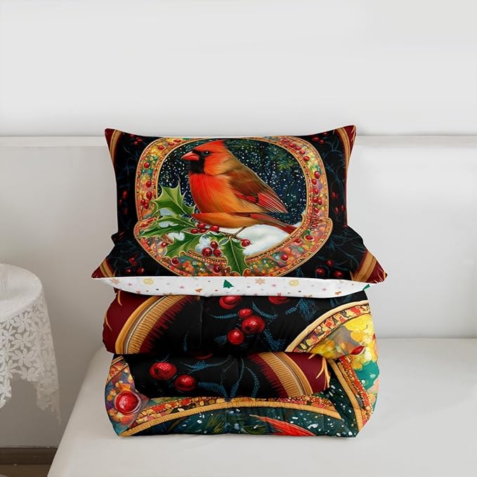 Feelyou Merry Christmas Comforter Set Twin Size Robin Bird Bedding Set for Kids Boys Girls Snowflake Duvet Quilt Winter Bedroom Decor Microfiber 2 Pcs with 1 Pillow Cases