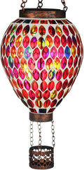 VOREEN Hot Air Balloon Solar Lantern, Mosaic Glass Hanging Solar Lights for Outside Garden & Patio, Waterproof Outdoor Decor, Handmade Art Glass Balloon (Red)