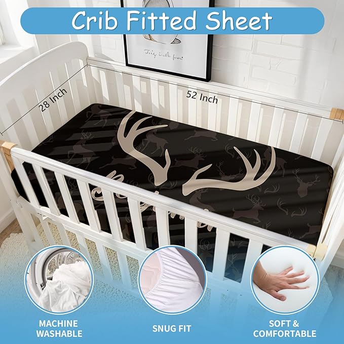 Custom Crib Bedding Set for Boys, 5 Pcs Personalized Woodland Deer Crib Set with Name, Double Layer Nursery Bedding Sets for Infant Toddlers Kids, Baby Blanket, Newborn Infant Customized Gift