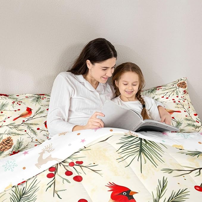 Feelyou Cardinal Bird Kids Comforter Set Twin Size Pine Branch Bedding Set Red Berry Duvet Quilt for Kids Boys Girls Bedroom Pine Cone Decor Winter Christmas Pattern Microfiber Ultra Soft Breathable