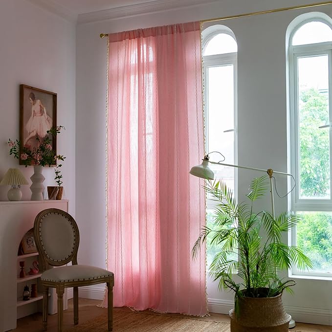 Deeprove Pink Boho Curtains 96 inches Long for Baby Princess Teenage Girl School Bedroom Nursery Room, Blush Bohemian Embroidery Farmhouse Privacy Fringes Window Treatments Decor, W52 x L96, 1 Panel