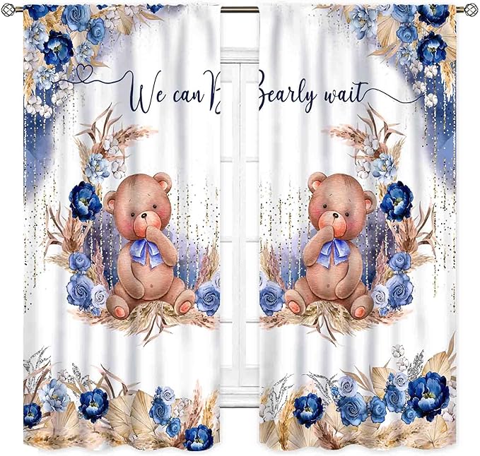 Bear Curtains for Kids Room, Baby Boys Girls Cute Lovely Bear Watercolor Floral Blue Window Drapery Treatments for Living Room Bedroom Nursey Toddler Classroom 2 Panels, 63"x63" Inch