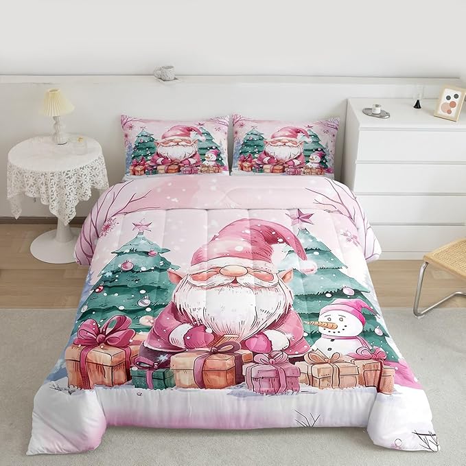 Feelyou Pink Christmas Comforter Set All Season Santa Claus Bedding Set with 1 Pillow Cases Cute Snowflake Kids Twin Bedclothes Merry Christmas Tree and Snowman Decor Duvet Quilt Soft