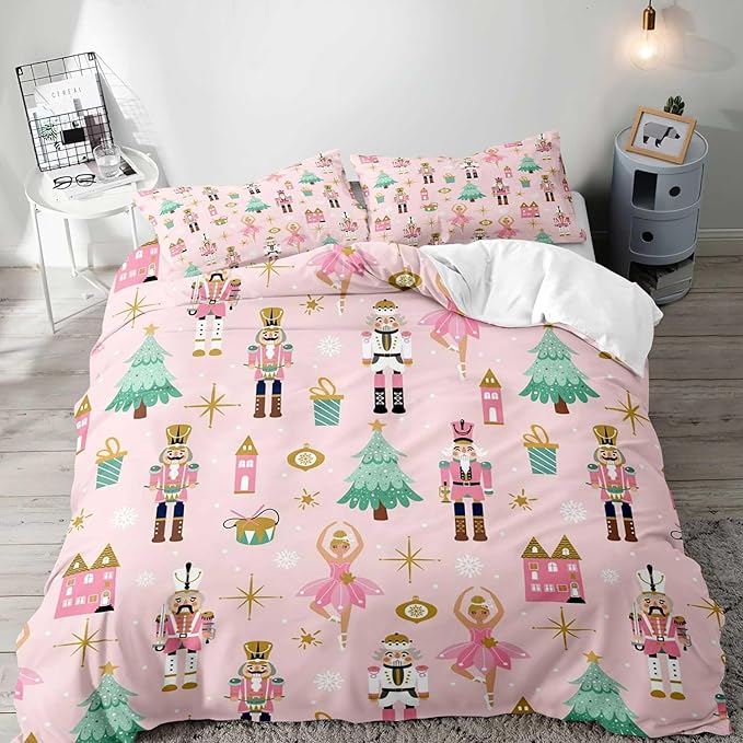 LUVIVIHOME 3PCS Christmas Nutcracker Duvet Cover Full Bedding Set, Light Pink Duvet Cover, Teen Girl Bedding, Christmas Tree Snowflake Winter Holiday Xmas Gifts Kids Comforter Cover, 2 Pillow Shams
