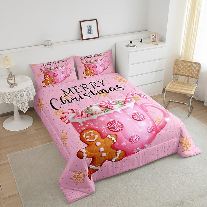 Erosebridal Merry Kids Full Comforter Sets Christmas Decor Bedding Sets Pink Xmas Snowflake Down Comforter Dessert Gingerbread Man Bed Set for Boys Girls Teens